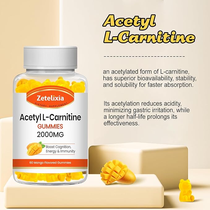 Acetyl L-Carnitine Gummies 2000mg, L-Carnitine Supplement for Promote Fatty Acids Oxidation, Nutrition Supplement for Boost Energy, Immunity & Metabolism, Vegan, Mango Flavor, 60 Count