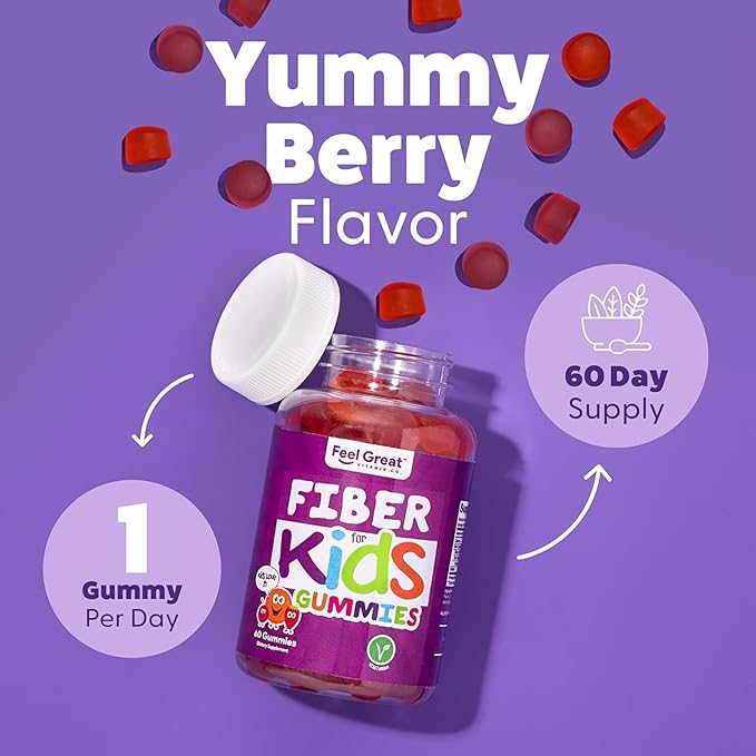 Feel Great Fiber Gummies for Kids Digestive Support | Constipation Relief for Kids | Fruity Flavored Chewable Kids Fiber Gummies | Vegetarian Supplements | 60 Day Supply