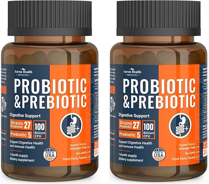 100 Billion Probiotics for Men and Women 27 Strains 5 Organic Prebiotics for Gut Digestive & Immune Health, Supports Diarrhea Gas Bloating, Vegan Probiotic Supplement Formula丨120 Caps