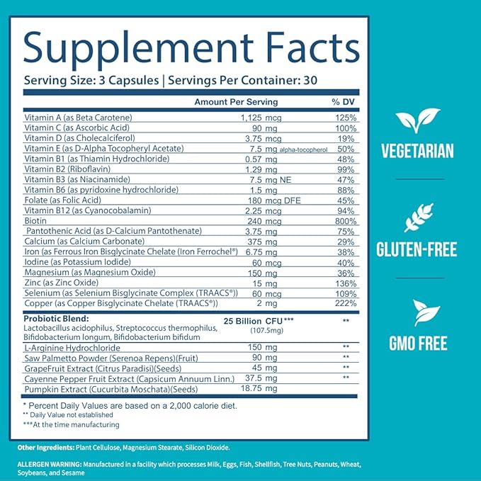GOBIOTIX Probiotic Multivitamin Supplement - Daily Multivitamins with Probiotics - 25 Billion CFU - Boost Immunity and Digestive Health, Probiotics for Women and Men - Gluten Free Pills - 90 Capsules