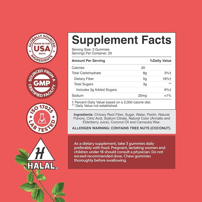 Tasty Prebiotic Fiber Gummies for Adults - High Fiber Supplement Gummies Vitamins for Adults with Prebiotic Soluble Chicory Root for Immunity and Digestive Support - Non GMO Vegan Halal 60 Count