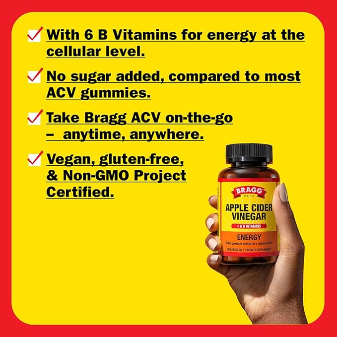 Bragg Energy Apple Cider Vinegar Capsules with B Vitamins - 90 Capsules - Helps Generate Energy at Cellular Level
