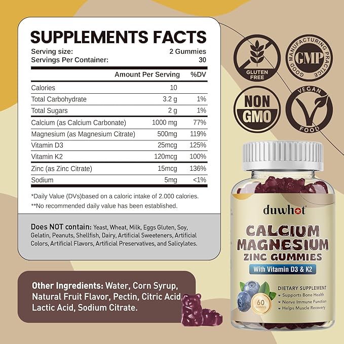Calcium Magnesium Zinc Gummies for Women, Chewable Calcium Supplement 1000 mg Vitamin D3 & K2, Bone & Nerve Health, Muscle Function, Immune Support & Stress Relief, Blueberry Flavor, 60 Ct