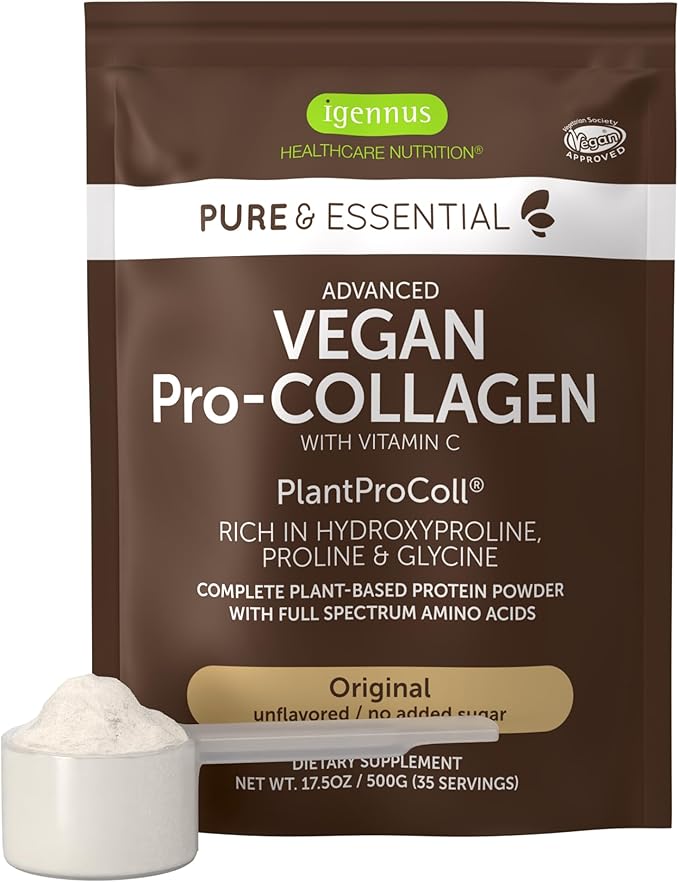 Vegan Collagen Peptide Powder, Enhanced with Glycine, Proline & Hydroxyproline & Cofactor Vitamin C, Non GMO, Complete Vegetarian Plant Based Collagen Powder Booster, 35 Servings, Pure & Essential