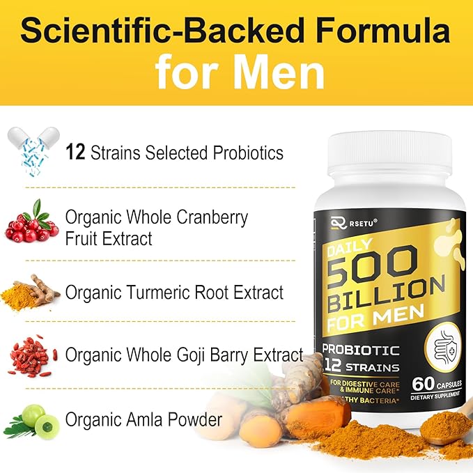 Probiotics for Men, 500 Billion CFU 12 Strains Mens Probiotic with Turmeric Cranberry & Goji, Gut Health for Men, Probiotics for Men Digestive Health, Bloating, Immune & Overall Health, 30-Day Supply