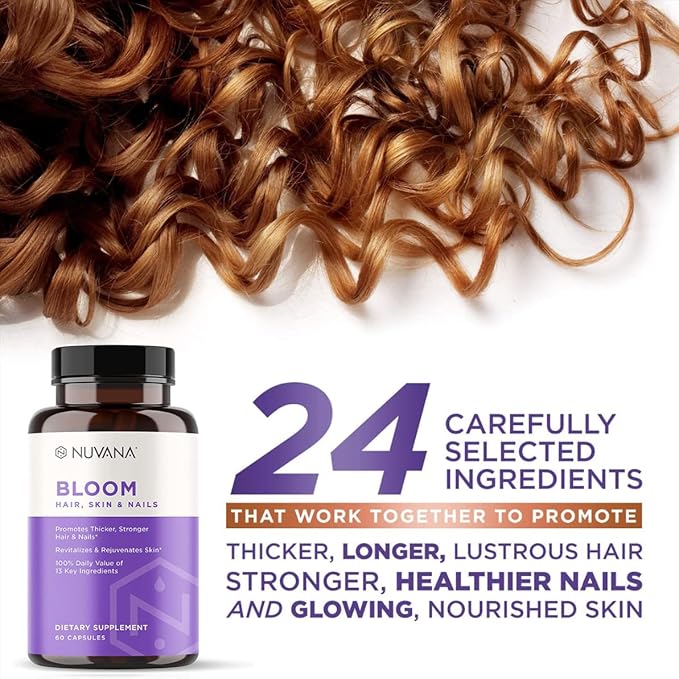 Bloom Biotin 5000mcg B7 for Healthy Hair Growth, Supports Hair Loss, Beautiful Skin & Strong Nails with Hyaluronic Acid, Collagen, Folate, Vitamin E, A, B6 | Made in USA