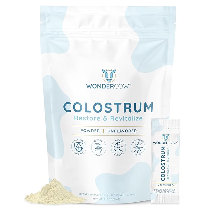 WONDERCOW Colostrum Supplement Powder for Gut Health, Immune Support, Muscle Recovery & Wellness | Natural IgG Pure Whole Bovine Colostrum Superfood, Unflavored, 30 Servings