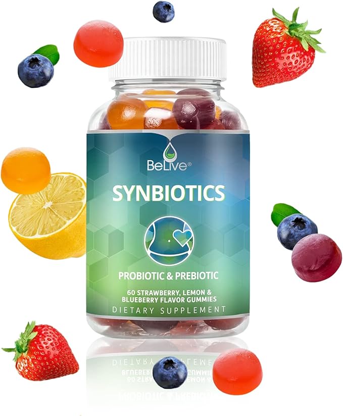 BeLive Synbiotics - Probiotic & Prebiotic Fiber Gummies – High Strength Inulin (3g), Dietary Fiber Supplement, Digestive Support for Kids & Adults - Strawberry, Lemon, Blueberry Flavor | 3-Pack