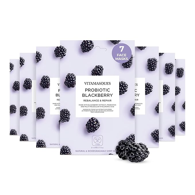Vitamasques Probiotic Blackberry Face Sheet Mask 7 Pack - Facial Mask Rebalances & Repairs Skin with Multi Molecular Hyaluronic Acid - Natural & Biodegradable