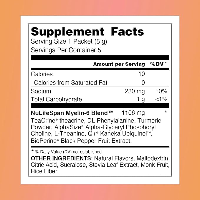 Myelin-6 Sampler Pack, 5 Single Serve Packs, Focus Supplement & Brain Health with AlphaSize, Memory and Cognitive Function Support, Orange Tangerine Flavor, Gluten-Free, Non-GMO