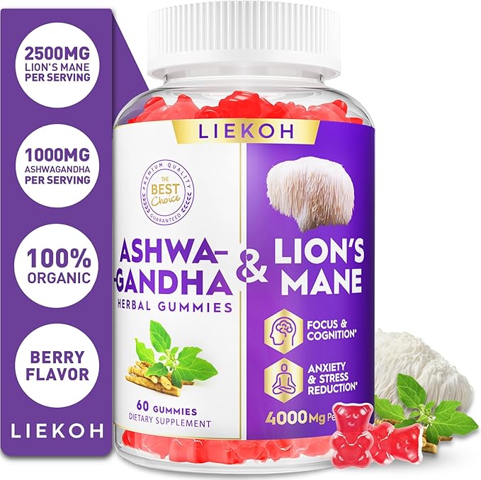 Ashwagandha & Lions Mane Gummies for Adults -Cortisol and Brain Health, 4000mg Ultra Strength Lion's Mane Mushroom Supplements, Berry Flavor - Packs of 4