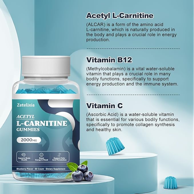 2 Pack Acetyl L-Carnitine Gummies 2000mg, L-Carnitine Supplement with Vitamin C & B12, ALCAR for Energy, Brain & Mood Support, Fatty Acid Metabolism, Vegan, Non-GMO, Sugar Free, 120 Count