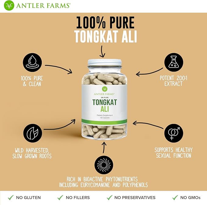 Antler Farms - 100% Pure Tongkat Ali Extract 200:1, 180 Capsules, 500mg - Eurycoma Longifolia Slow Grown Aged Roots from Indonesia – Men’s Health Support, Vegan, Gluten, Soy and Dairy Free