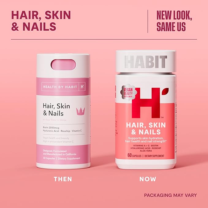Habit Hair, Skin & Nails Supplement 2 Pack (120 Capsules) - New Look, Supports Skin Hydration, Hair & Nail Strength, Biotin 2000mcg, Vitamin A & C, Hyaluronic Acid, Rosehip, Vegan, Non-GMO