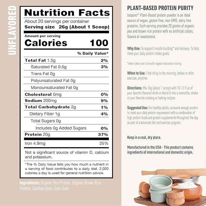 Bundle of Isopure Unflavored Organic Vegan Pea Protein Powder, Dairy Free with Amino Acids, 20 Servings + Isopure Collagen Peptides Powder, 14 Servings, Unflavored, with Vitamin C, with Biotin