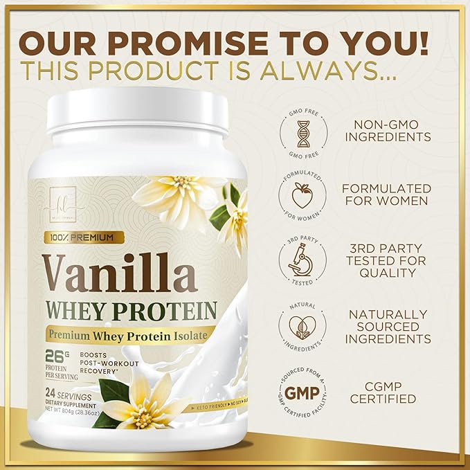 Whey Protein Powder, Creamy Vanilla Whey Isolate with 26g Protein & BCAAs - Support Muscle Growth, Recovery & Fitness - Gluten Free, Fast Absorbing, Easy Digesting for Women & Men - 24 Servings
