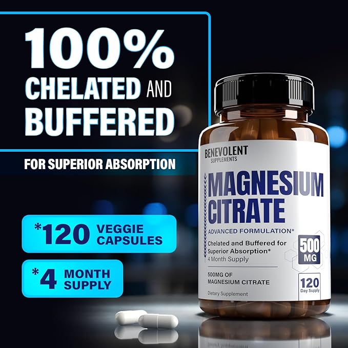 Premium Magnesium Citrate 500mg Capsules (Citrato de Magnesio) High Absorption Formula Chelated Buffered Citrate to Support Digestion, Bone, Sleep & Muscle Health - 120 Capsules