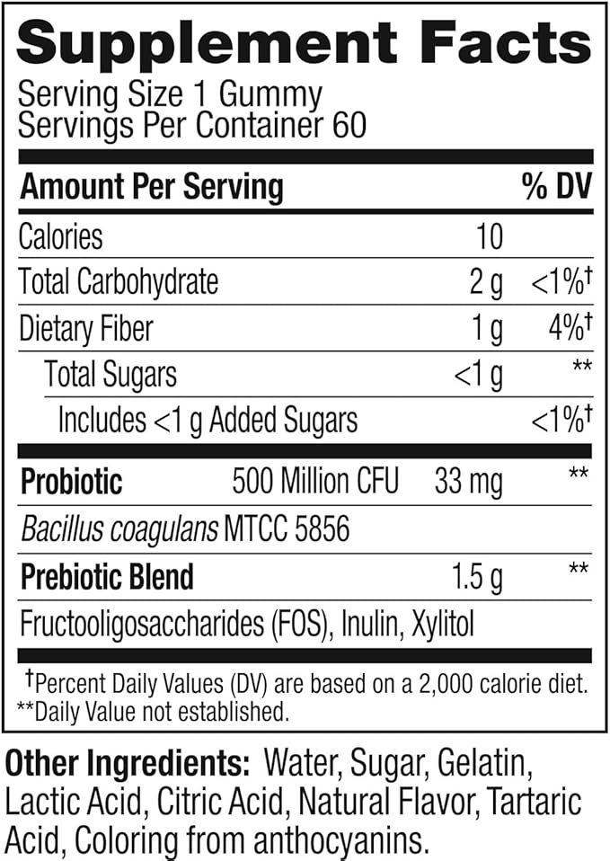 OLLY Probiotic + Prebiotic Gummy, Digestive Support and Gut Health, 500 Million CFUs, Fiber, Adult Chewable Supplement for Men and Women, Peach, 60 Day Supply - 60 Count