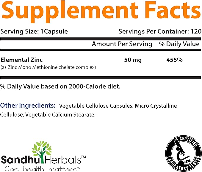 Zinc 50mg Supplement 120 Vegetarian Capsules, Zinc Highly Absorbable Supplements for Immune Support, Gluten Free