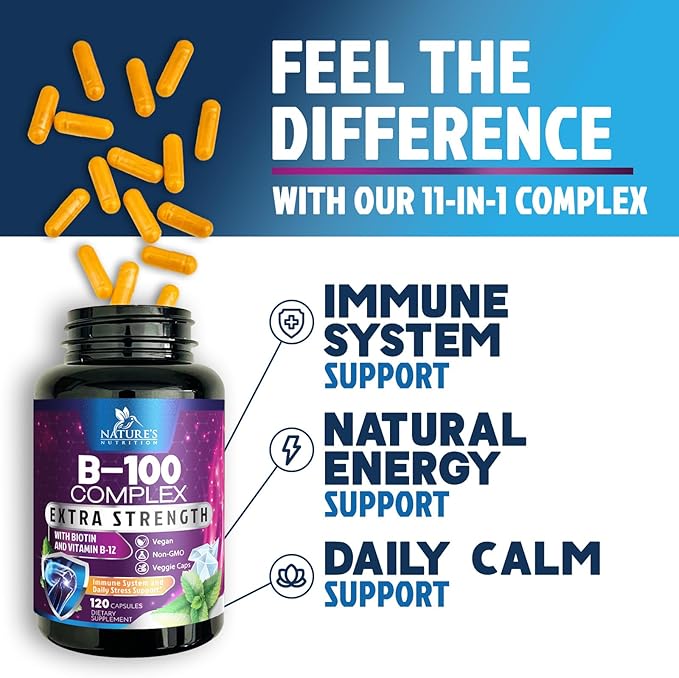 Vitamin B Complex Capsules with Vitamins B1 B2 B3 B6 B12 B100 C Biotin Folate & Folic Acid - Supplement for Energy, Brain, & Immune Support - Super B Vitamin Complex for Women & Men - 120 Vegan Pills