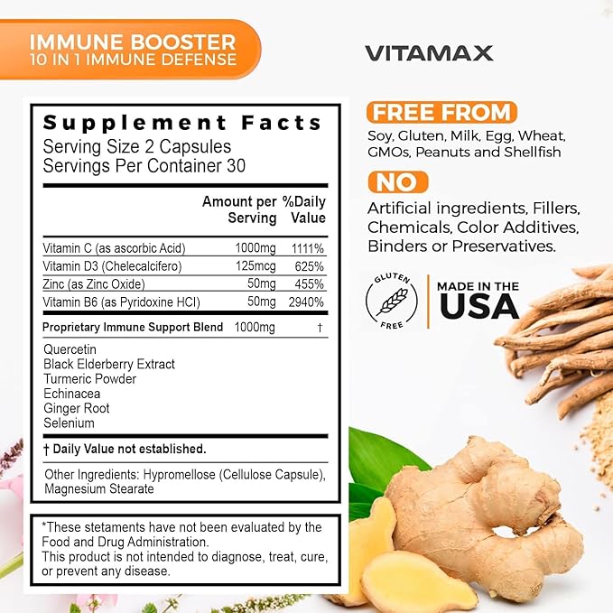 10-in-1 Immune System Support Booster with Elderberry, D3, Selenium, Quercetin, Zinc, Vitamin C, Ginger, Turmeric Curcumin, B6, Echinacea – Natural Immune Defense – Made in USA (60 Count (Pack of 1))