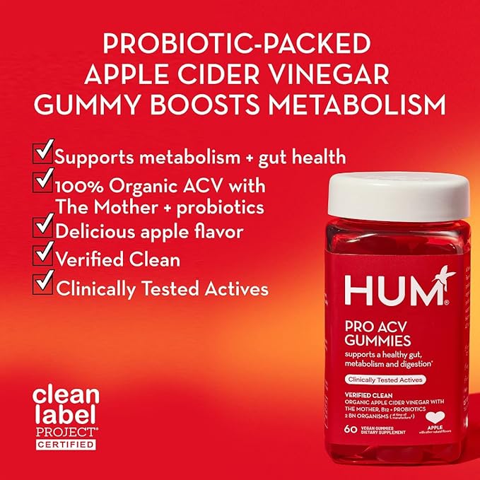 HUM Pro ACV Gummies -100% Organic Apple Cider Vinegar with The Mother, Probiotics for Digestive Health & B12 for Metabolism Support (60 Count)