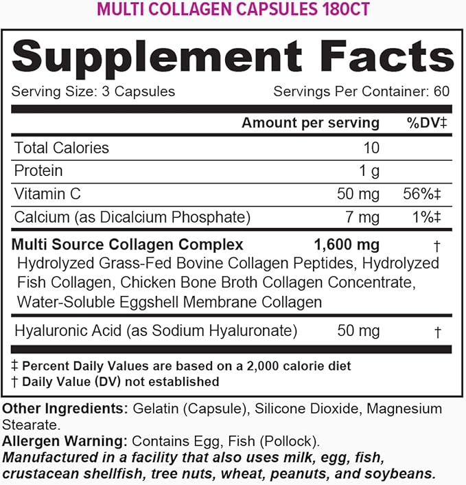Vitauthority Multi Collagen Pills for Women and Men High Absorption Hydrolyzed Collagen Peptides Capsules for Hair Skin and Nails with Types I II III V X Hyaluronic Acid and Vitamin C - 60 Servings