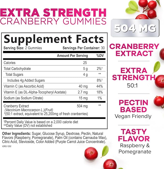 Cranberry Gummies - Urinary Tract Health Gummy + Vitamin C - 25,000mg - Triple Strength Cranberry Concentrate Extract Supplement Pills, Ultimate Potency, Non-GMO, Gluten Free - 60 Gummies