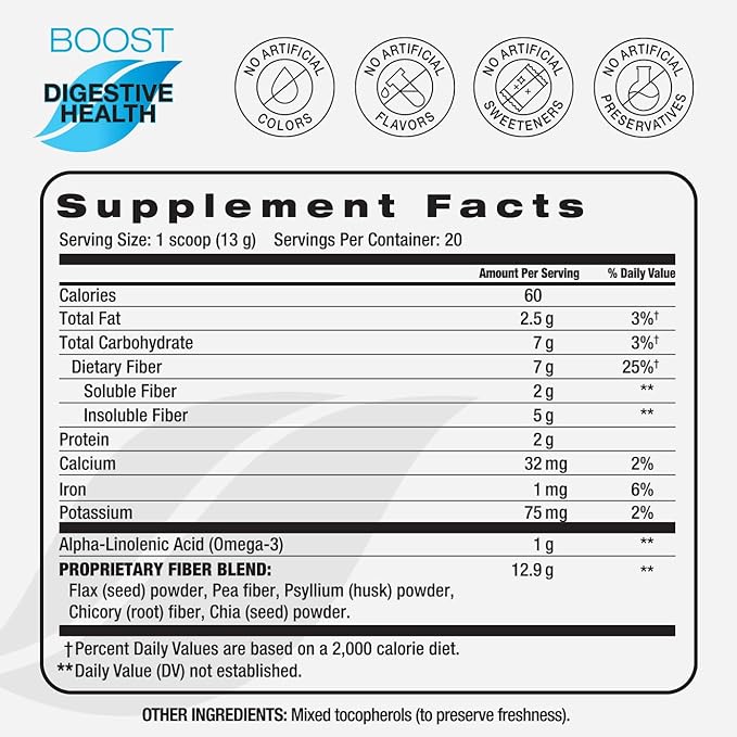BODi Digestive Health Boost Fiber Supplement - Supports Gut Health & Regularity - Chicory Root, Pea Fiber, Psyllium Husk - Heart Health Benefits with Chia & Flaxseed, 7g Fiber per Serving, 20 Servings