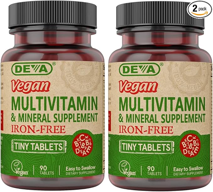 DEVA Tiny Tablets Vegan Multivitamins for Women & Men, Multivitamin Iron Free, Mineral Supplement, Vitamin C, Vitamin B Complex, Vitamin B12, Vitamin E, Zinc, Gluten Free (2 Pack - 90 Tablets Ea)