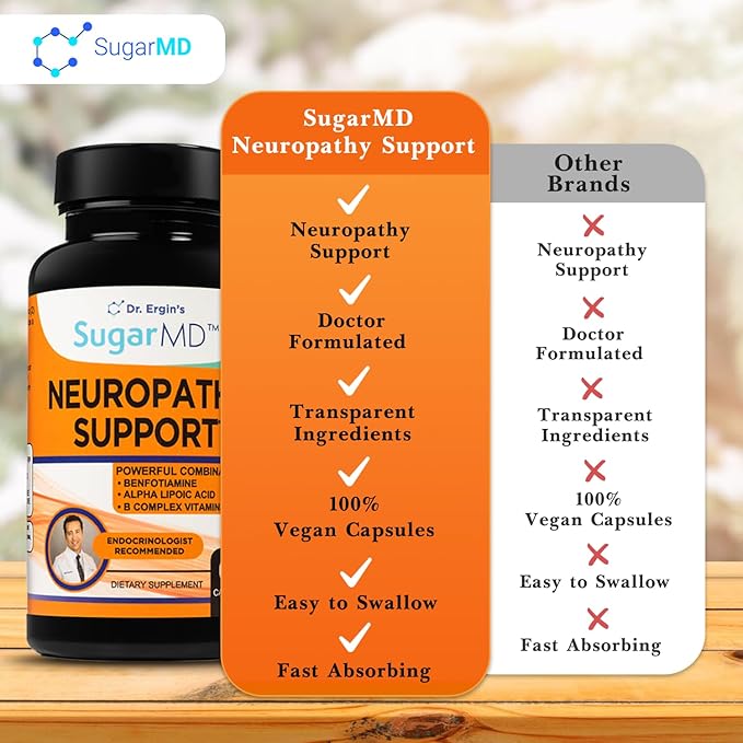 SugarMD Neuropathy Support Supplement โ 60 Nerve Supplement Capsules with Alpha Lipoic Acid, Benfotiamine & Vitamin D3 B6 B12 - Nerve Support Supplement for Feet, Hands, Fingers & Legs - 30 Day Supply