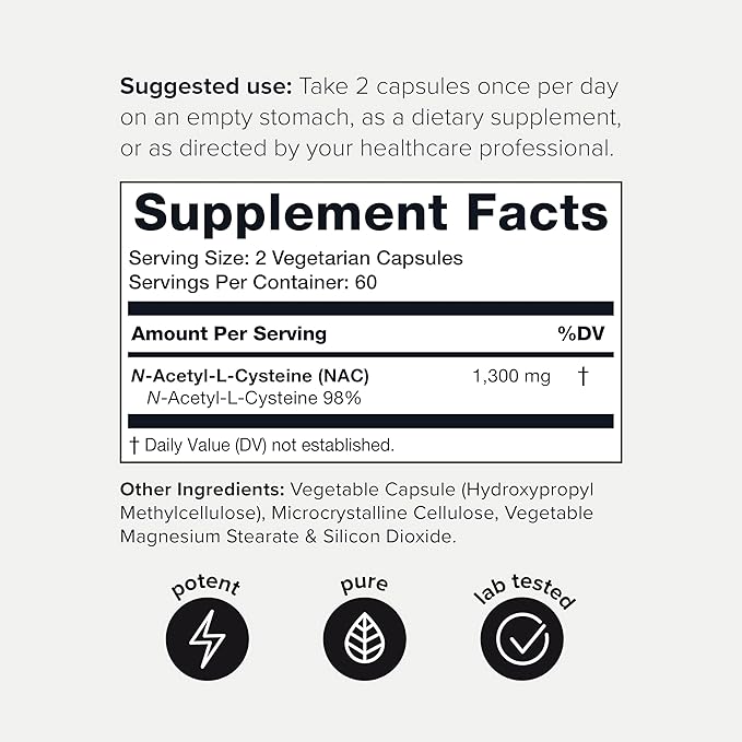 Toniiq 1300mg NAC - 2 Month Supply - Min. 98%+ Tested Purity - Ultra High Strength Bioavailable NAC Cysteine Supplement - 120 Vegetarian N Acetyl Cysteine Capsules -Lab Tested TQ