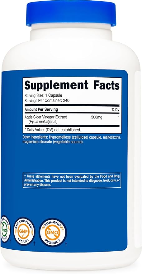 Nutricost Apple Cider Vinegar Capsules 500mg, 240 Vegetarian Capsules - Natural, Vegetarian, GMP, Non-GMO and Gluten Free