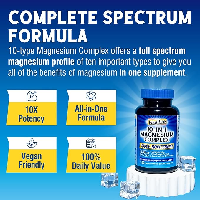 10 in 1 Magnesium Complex, 420mg Elemental Magnesium | Ultra Strength, Max Absorption | Chelated Magnesium Supplement for Sleep, Muscles, Nerves & Heart Health | Non-GMO, 120 Vegan Capsules