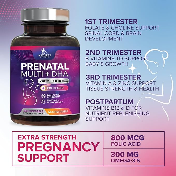 Women's Prenatal Multivitamin with Folic Acid + DHA, Prenatal Vitamin Supplement for Fetal Support w/Folate, Omega 3, Vitamins D3, B6, B12 & Iron, Pregnancy Prenatal DHA, Non-GMO - 240 Softgels