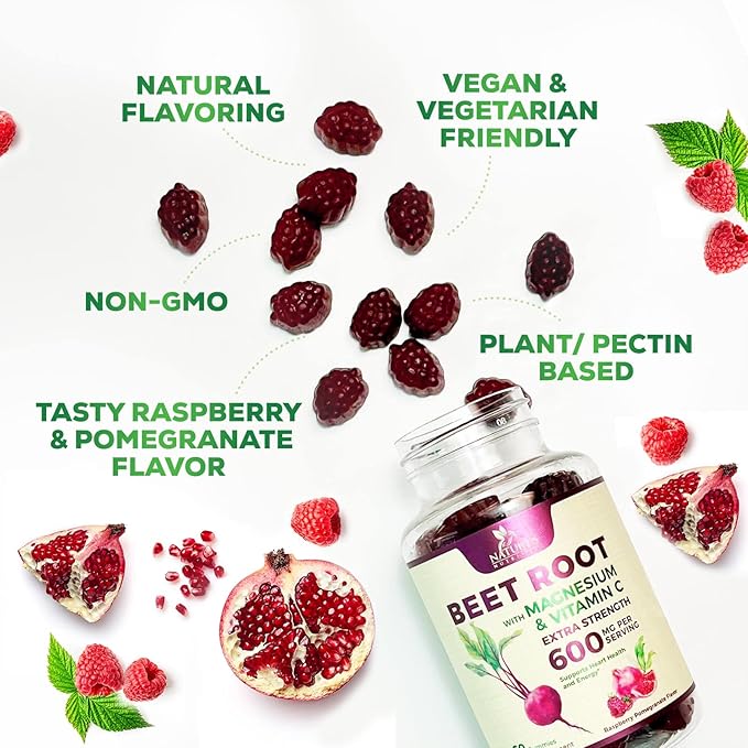 Beet Root Supplement Gummies with Vitamic C & Magnesium - Energy Heart Health Support, Supports Nitric Oxide Production - Gluten Free, Non-GMO Beets Root Gummy - Pomegranate Berry Flavor - 60 Gummies