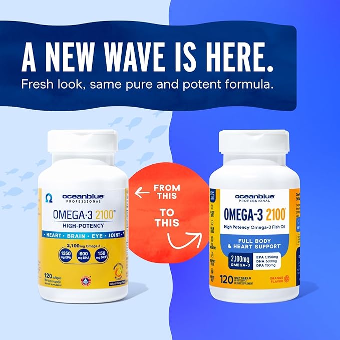 Oceanblue Professional Omega-3 2100-120 ct - High-Potency Triple Strength Burpless Fish Oil with EPA, DHA & DPA - Wild Caught - Natural Orange Flavor, 60 Servings