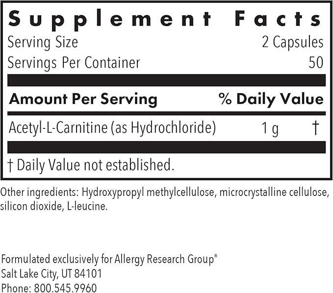 Allergy Research Group Acetyl-L-Carnitine 500mg Supplement - Metabolism and Energy Support, ALC, Free Form Amino Acid, Vegetarian Capsules - 100 Count