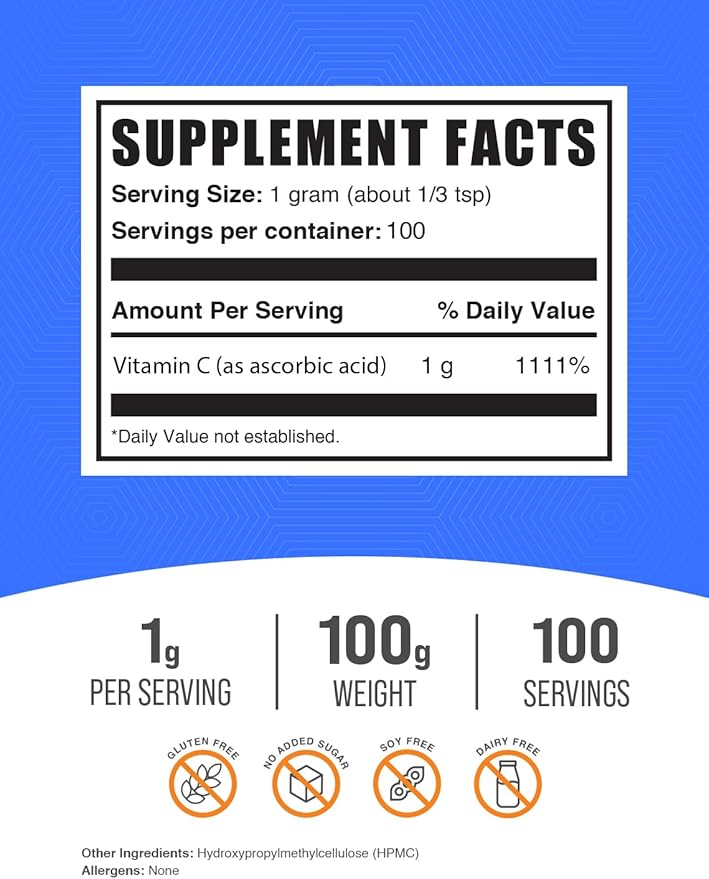 BulkSupplements.com Ascorbic Acid Powder - Vitamin C Supplement, Ascorbic Acid Food Grade - Powdered Vitamin C, Immune Support - Gluten Free, 1g per Serving, 100g (3.5 oz) (Pack of 1)