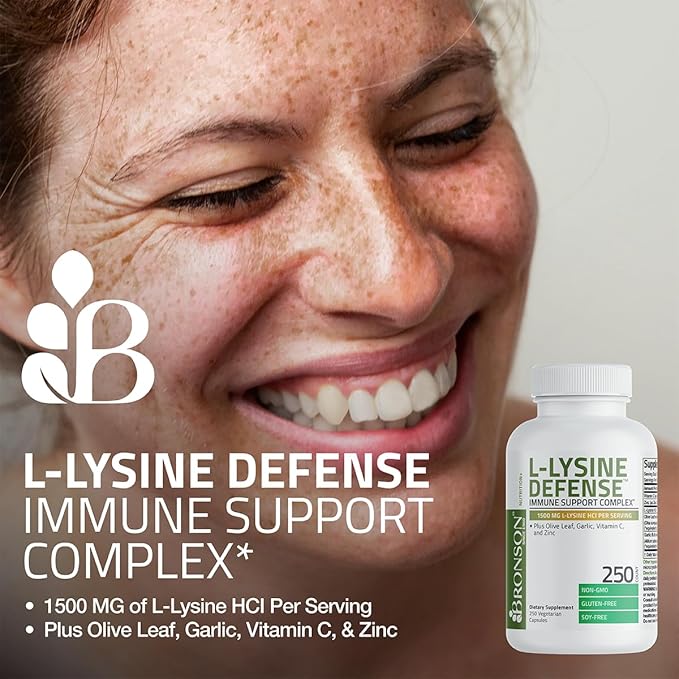 Bronson L-Lysine Defense Immune Support Complex 1500 MG L-Lysine Plus Olive Leaf, Garlic, Vitamin C and Zinc - Non-GMO, 250 Vegetarian Capsules