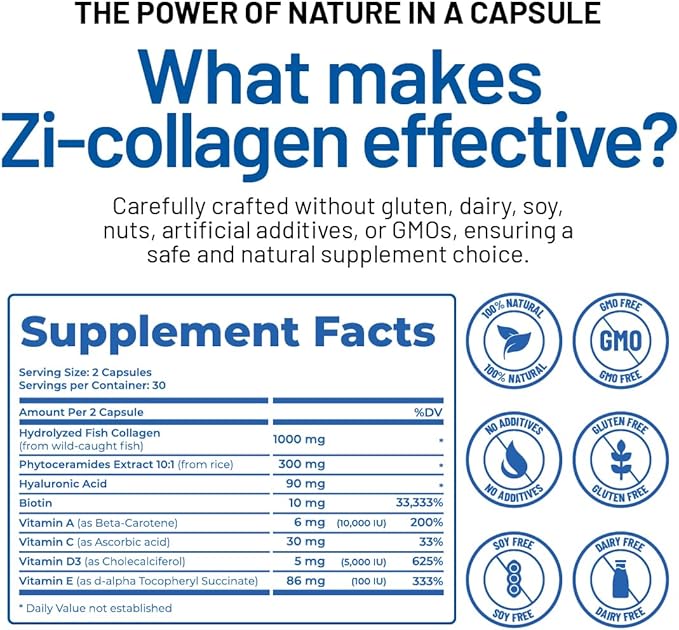 Zi-Collagen - Premium Collagen Capsules with Phytoceramides Hyaluronic Acid and Biotin - Skin Hair and Nails Advanced Anti Aging Supplement - Multivitamin for Women & Men - 60 Pills