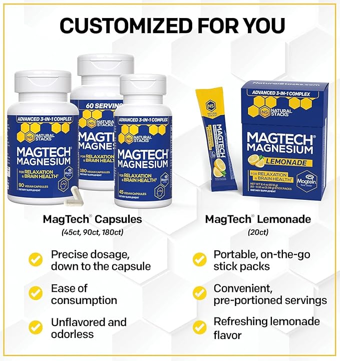 MagTech Magnesium Lemonade Drink Mix - Chelated Magnesium Complex - 3 Forms of Magnesium: Magtein Magnesium L-Threonate, Glycinate & Taurate - Supports Relaxation & Brain Health*, 20 Stick Packs