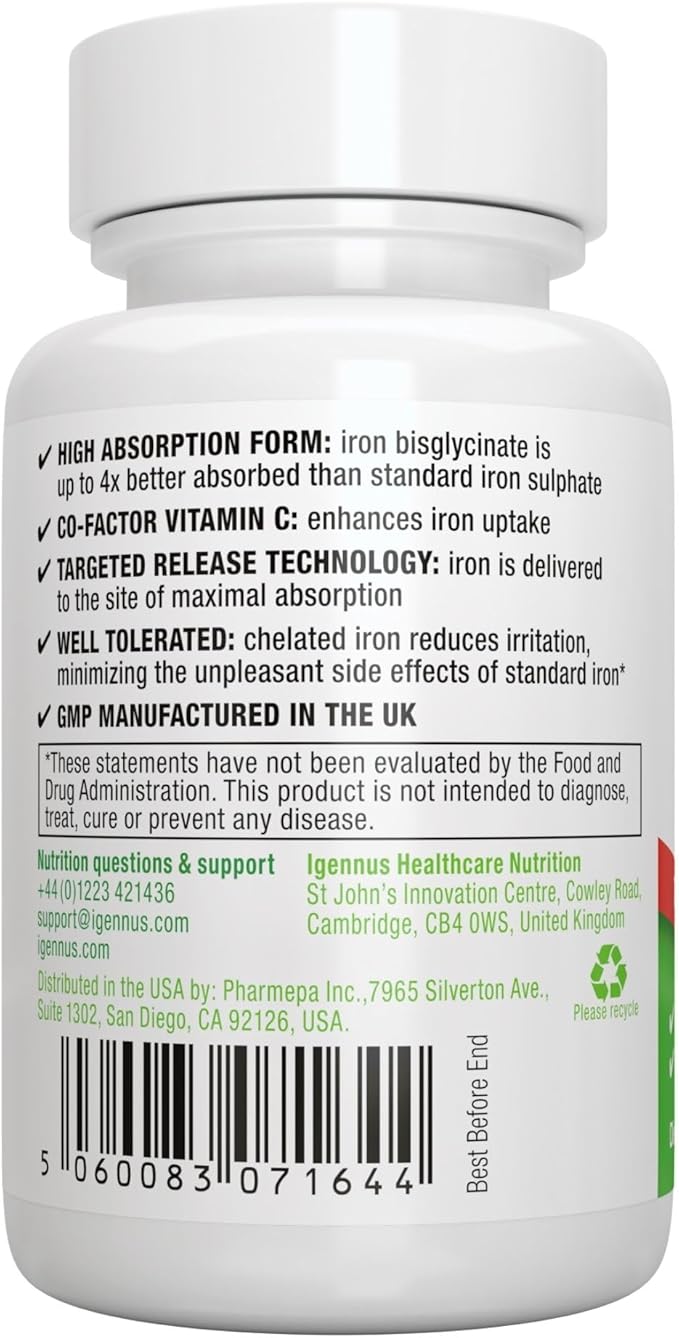 High Absorption Chelated Iron Bisglycinate 20mg with Vitamin C, 6 Month Supply, Iron, Gentle Formula, Clean Label & Targeted Release, for Women and Men, One Daily, Vegan, 180 Tablets, by Igennus