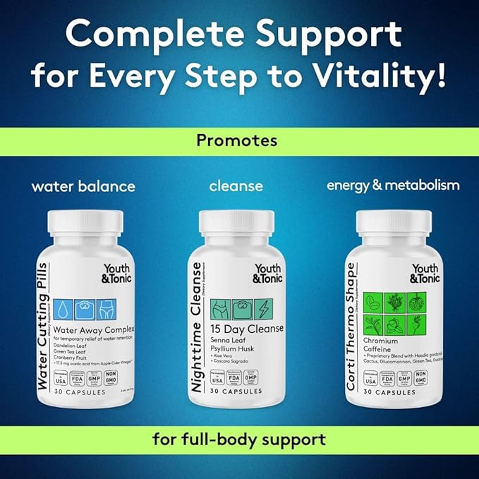 Youth & Tonic Dietary Discipline for Mindful Eating, Cleanse, Detox & Energy Support – Water Weight, Gut Cleanse & CortiThermo Shape for Metabolism, Loss of Body Fluids, Break The Plateau, 90 Pills