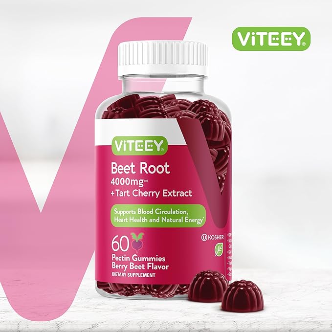 Beet Root Gummies 4000mg with Tart Cherry - for Healthy Blood Pressure Support - Vegan, Gelatin Free, Gluten Free - Tasty Chewable Berry Beet Flavored Gummy