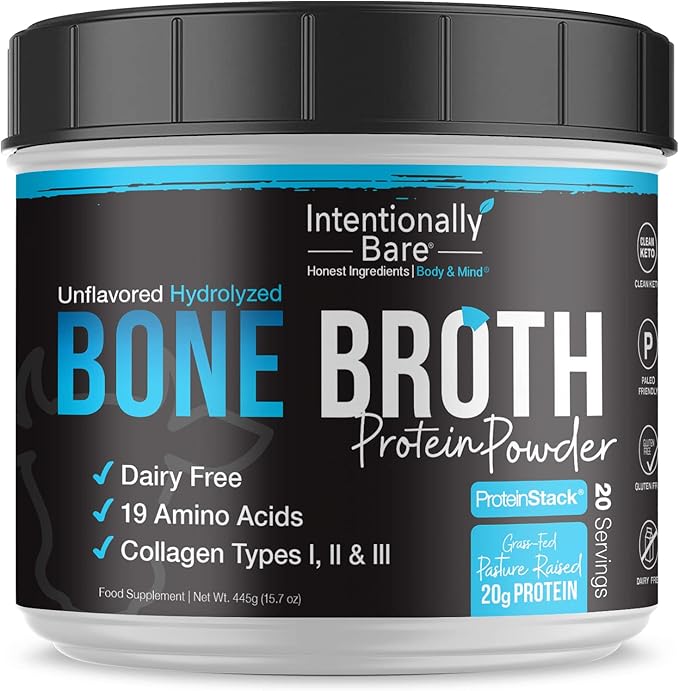 Intentionally Bare Bone Broth Collagen Peptides Powder Unflavored - Dairy Free Collagen Peptide Powder Type 1 & 3 - Pasture Raised & Grass Fed Collagen Protein Powder for Gut & Joints - 20 Servings