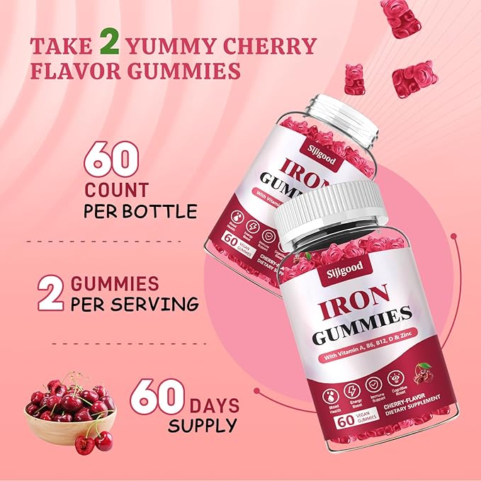 2 Pack Vegan Iron Supplement for Women, with Vitamin A, C, B6, B12, Folate and Zinc, Energy Boost, Sugar Free, No After Taste - Delicious Cherry Flavor, 120 Count