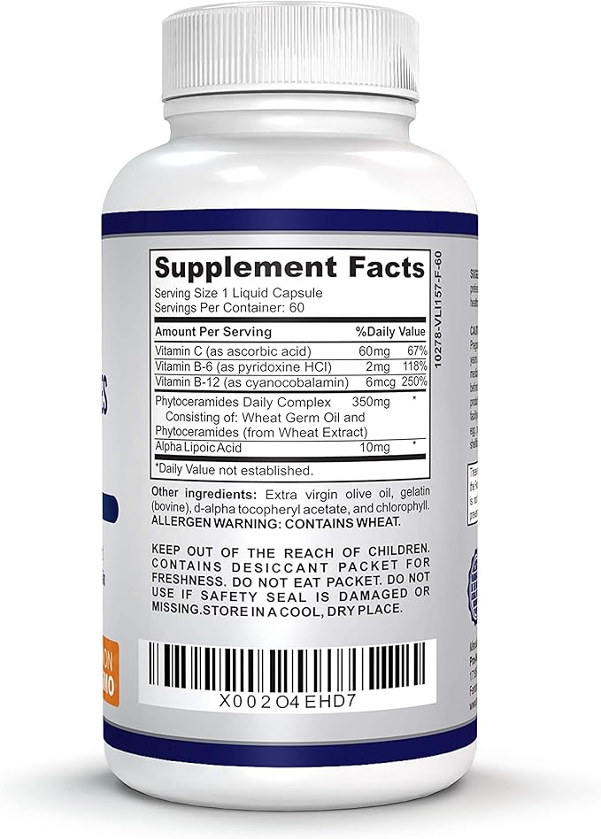 Phytoceramides Complex, Skin Repair and Rejuvenation, Anti-Aging Support, Plant-derived Ceramides, with Vitamins C, B-6, and B-12, 2-Month Supply (60 Non-GMO Liquid Capsules)