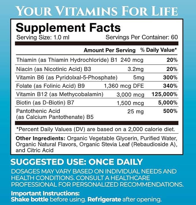 Superdose Organic Vitamin B Complex Liquid Drops | 125,000% DV Vitamin B12, B6, Biotin, Niacin, Folate | Energy, Brain Health, Immune Support | USDA Organic, Vegan, Non-GMO | 60 Serv, 2 Mo. Supply