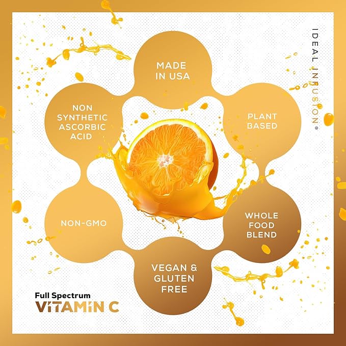 Ideal Infusion Raw Whole Food Vitamin C Complex: Natural Vitamin C Extracted from Organic Oranges and Acerola Cherries with Food Based Bioflavanoids (60 Servings) No Synthetic Ascorbic Acid